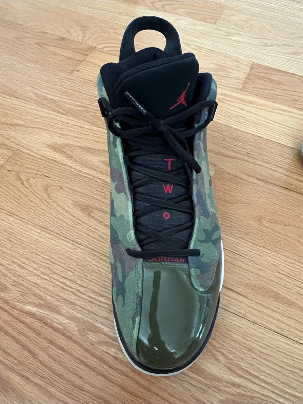 Jordan Camouflage Basketball Shoes in Olive Green and Black with Red Accents